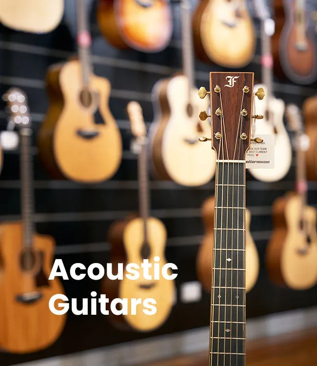 Acoustic guitars arranged on a showroom wall
