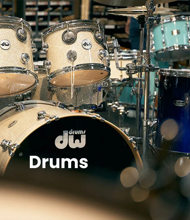 Premium drum kits in a music store showroom