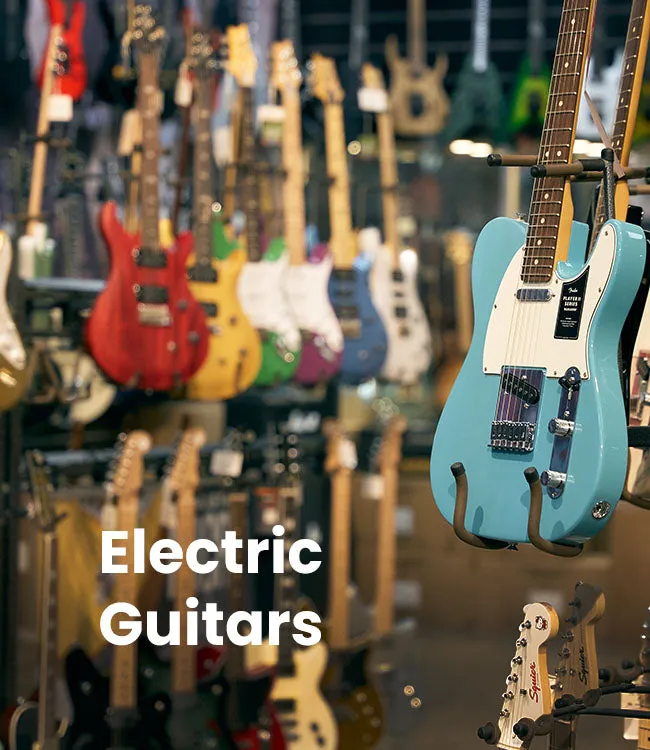 Electric guitars displayed in a specialist music store