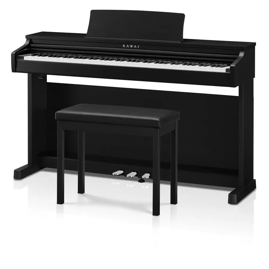 Black Kawai digital piano with matching bench