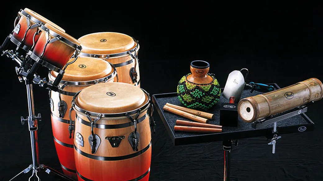 A professional percussion setup on a dark background